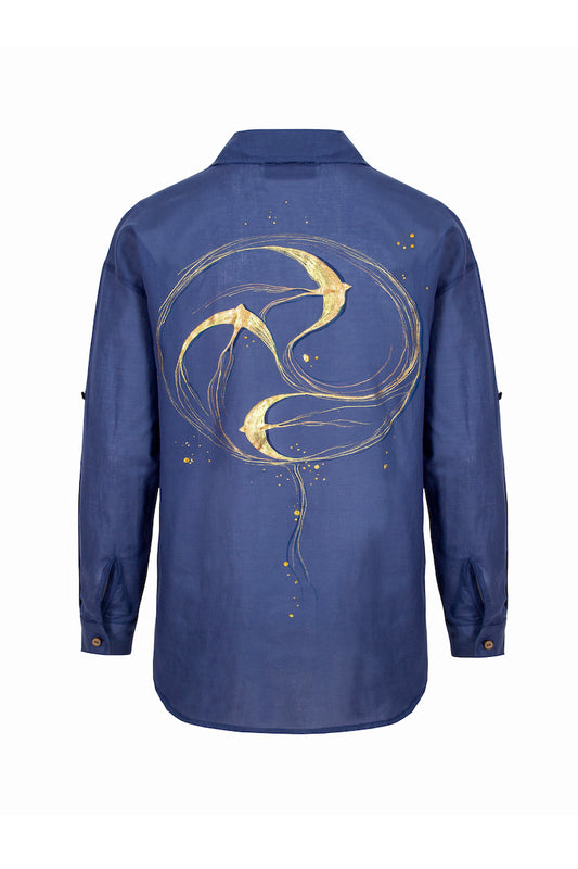 Carol the Crane Hand-Painted Shirt - Blue
