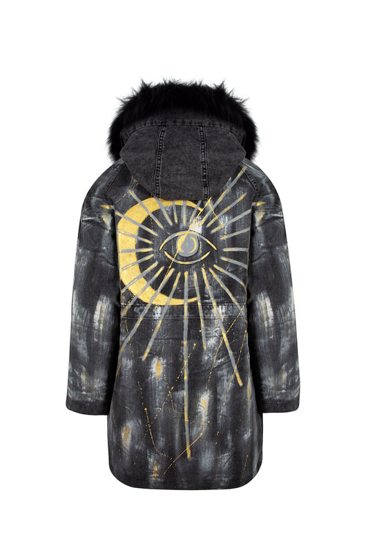 Sacred Look Kürklü Boyama Denim Ceket - Siyah