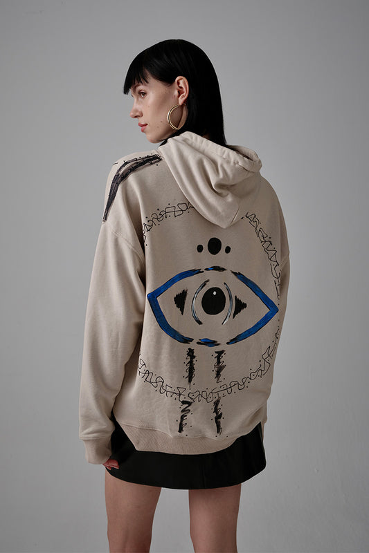 Aojo El Boyaması Hoodie - Kum Rengi