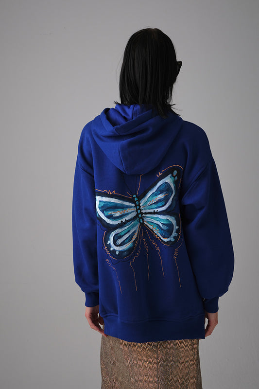 Butterfly El Boyaması Hoodie - Saks