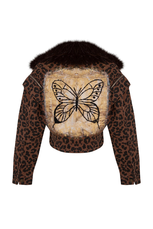 Butterfly Kürklü Boyama Denim Ceket - Leopar