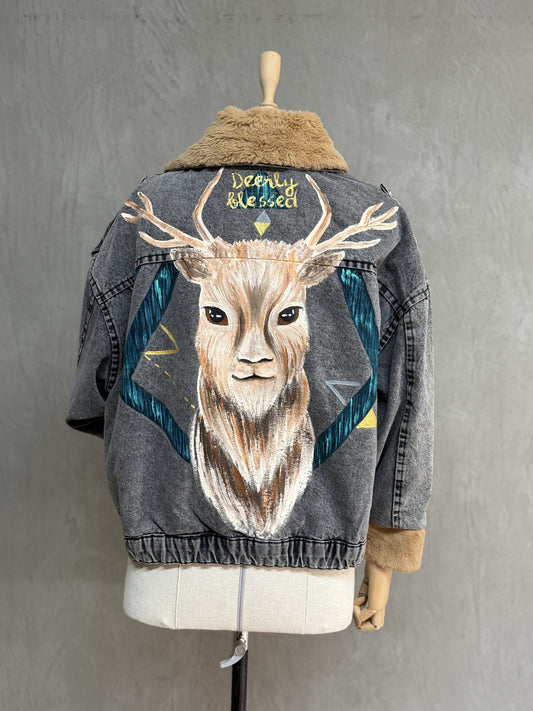 Fur-Lined Painted Denim Jacket 01-Gray
