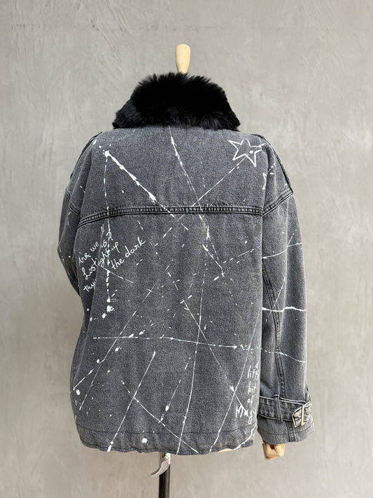 Furry Painted Denim Jacket 02-Anthracite
