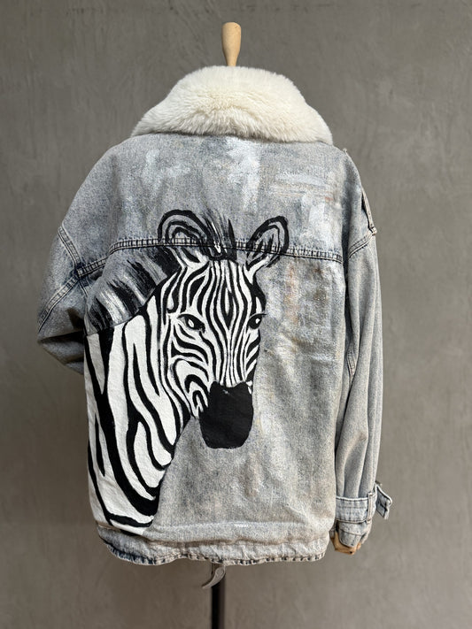 Furry Painted Denim Jacket 04-Blue