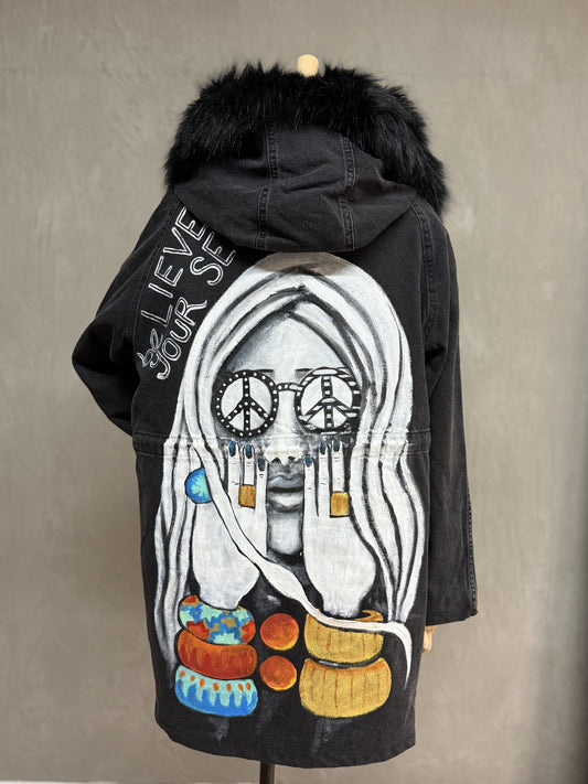 Furry Painted Denim Jacket 08-Anthracite