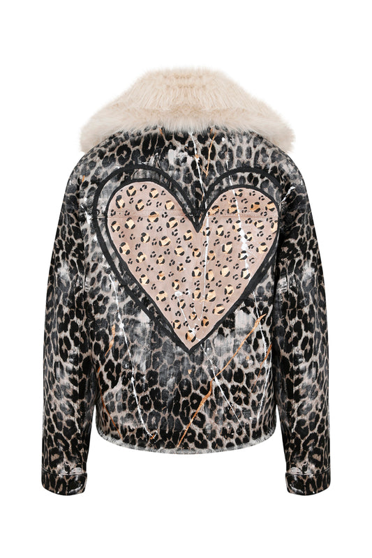 Love Kürklü Boyama Denim Ceket - Leopar
