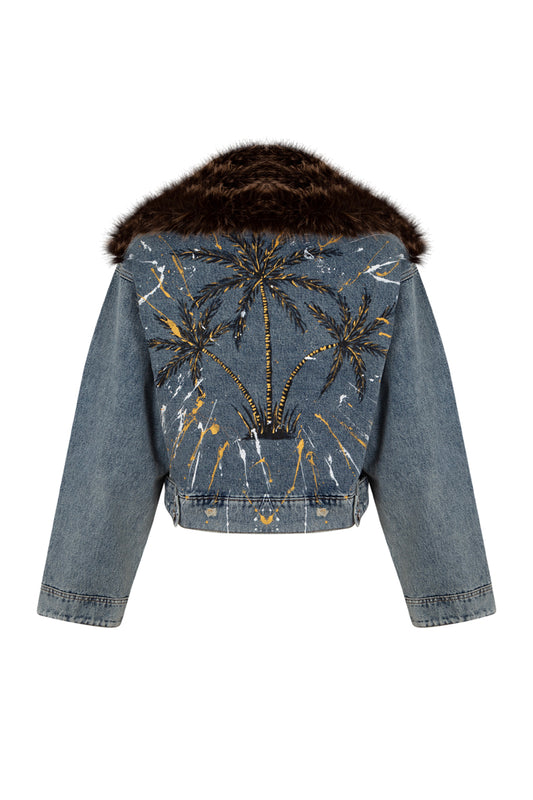 Miami Kürklü Boyama Denim Ceket - Mavi