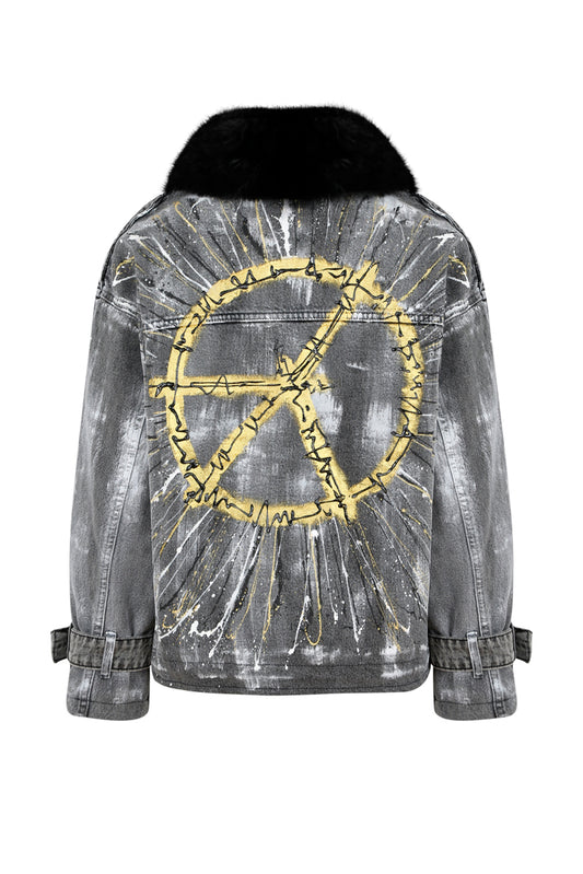Peace Kürklü Boyama Denim Ceket - Antrasit