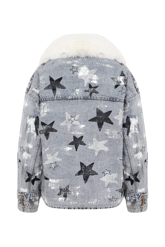 Stars Kürklü Boyama Denim Ceket - Antrasit
