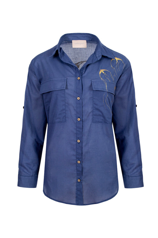Carol the Crane Hand-Painted Shirt - Blue