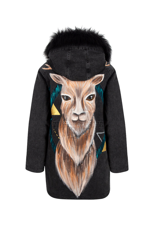 Geek Fur-Lined Painted Denim Jacket - Black