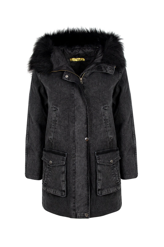 Sacred Look Kürklü Boyama Denim Ceket - Siyah
