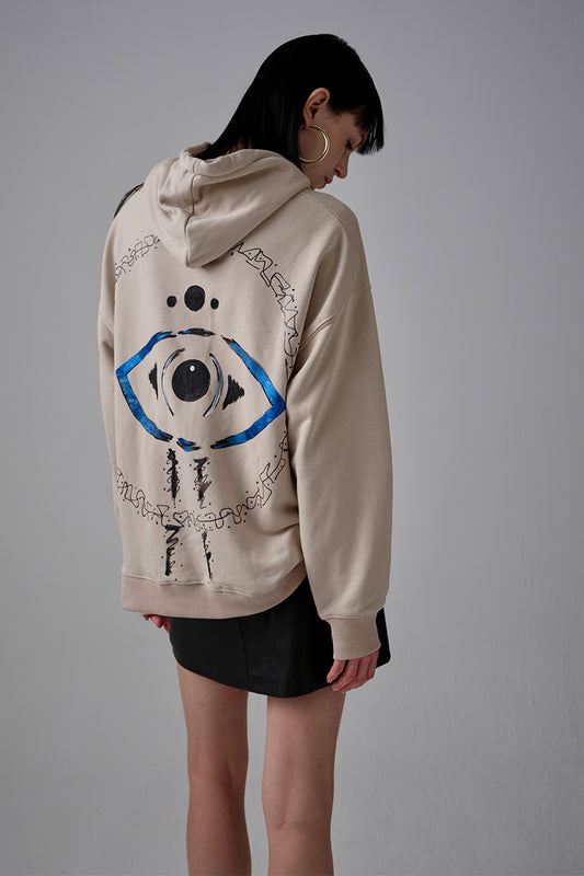Aojo El Boyaması Hoodie - Kum Rengi