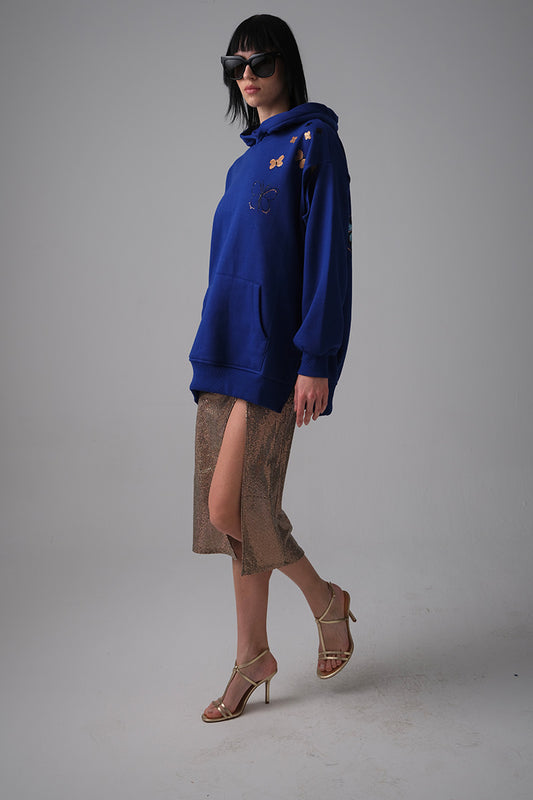 Butterfly El Boyaması Hoodie - Saks