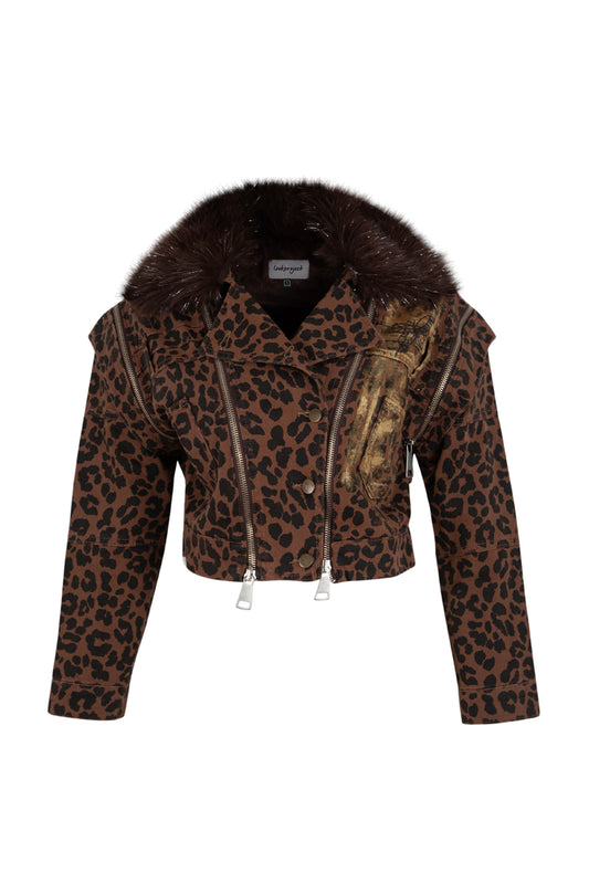 Butterfly Kürklü Boyama Denim Ceket - Leopar