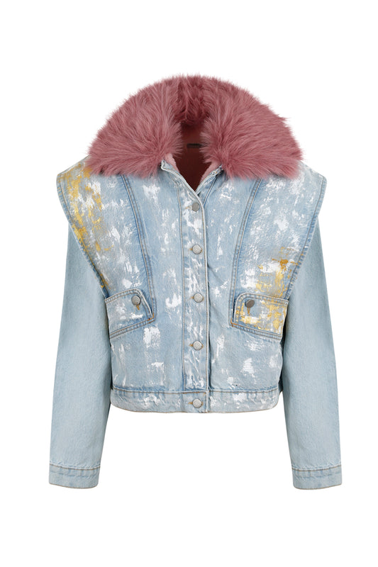 Dragonfly Faux Fur Painted Denim Jacket - Light Blue