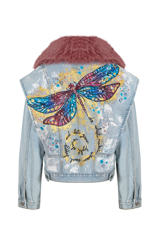 Dragonfly Faux Fur Painted Denim Jacket - Light Blue