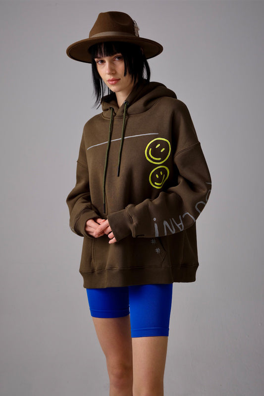 Emoji Hand-Painted Hoodie - Khaki