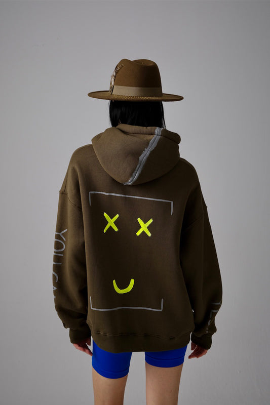 Emoji Hand-Painted Hoodie - Khaki