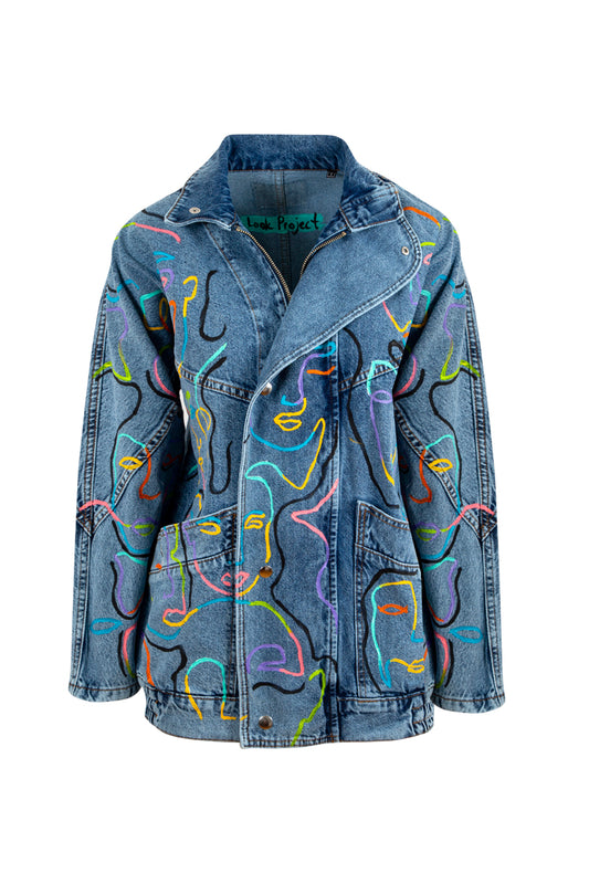 Happy Face Denim Ceket - Mavi
