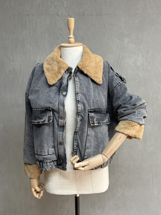 Fur-Lined Painted Denim Jacket 01-Gray