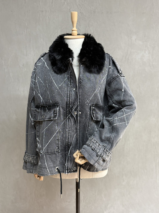 Furry Painted Denim Jacket 02-Anthracite