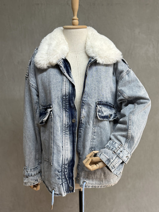 Furry Painted Denim Jacket 03-Blue