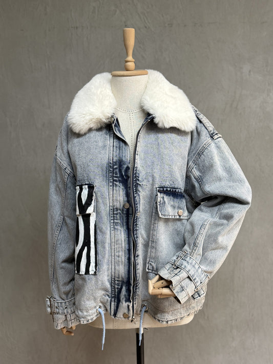 Furry Painted Denim Jacket 04-Blue