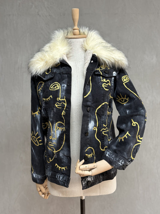 Furry Painted Denim Jacket 05-Black