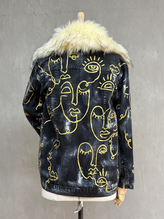 Furry Painted Denim Jacket 05-Black