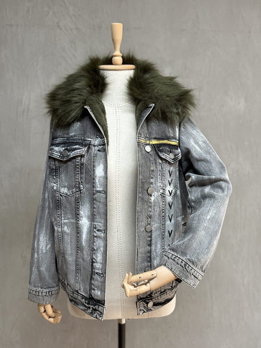 Furry Painted Denim Jacket 06-Anthracite