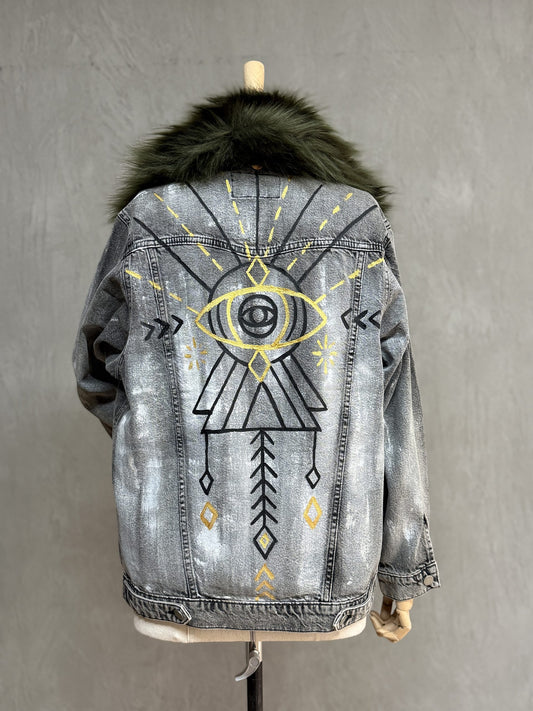 Furry Painted Denim Jacket 06-Anthracite