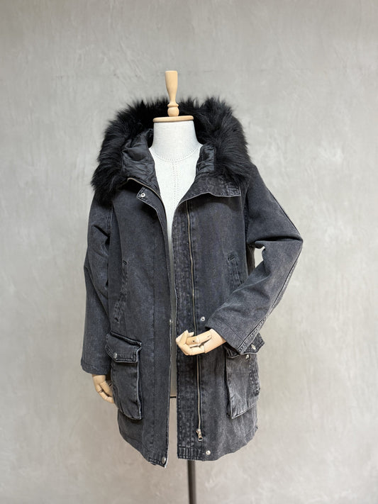 Furry Painted Denim Jacket 07-Anthracite