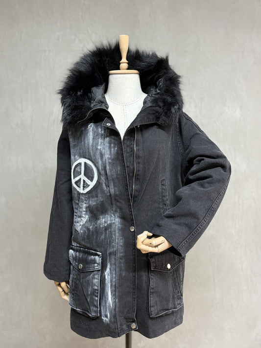 Furry Painted Denim Jacket 08-Anthracite