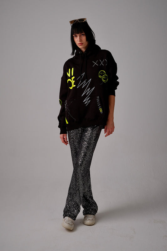 Look Back El Boyaması Hoodie - Siyah