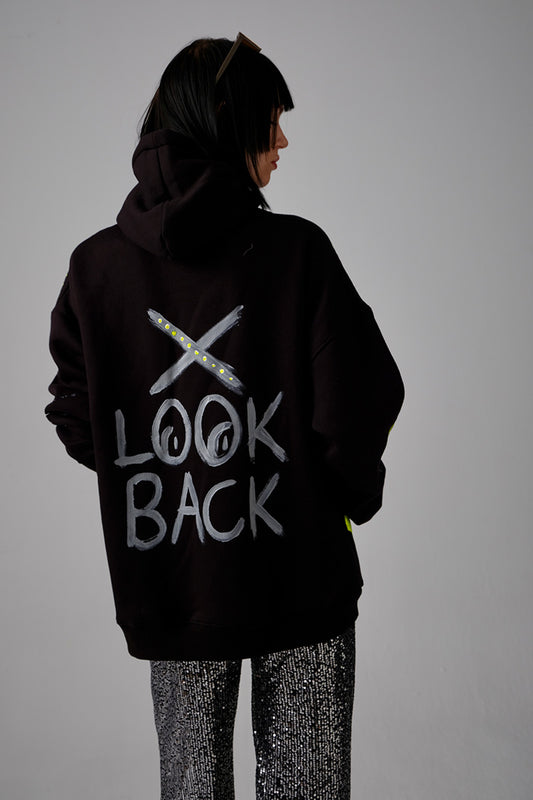 Look Back El Boyaması Hoodie - Siyah