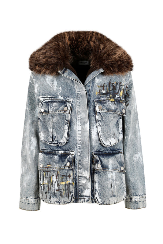 Lotus Faux Fur Painted Denim Jacket - Anthracite