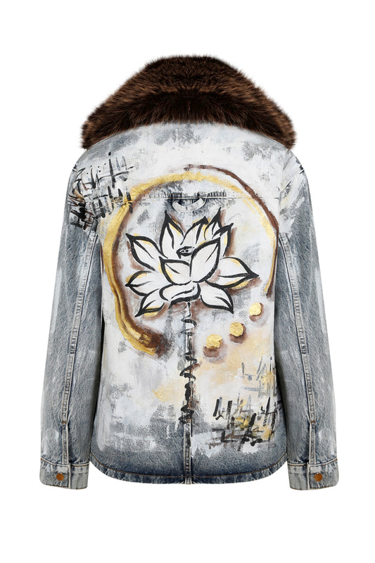 Lotus Faux Fur Painted Denim Jacket - Anthracite