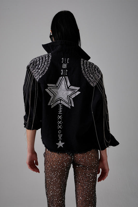 Magical Symbol Taşlı Denim Ceket - Siyah