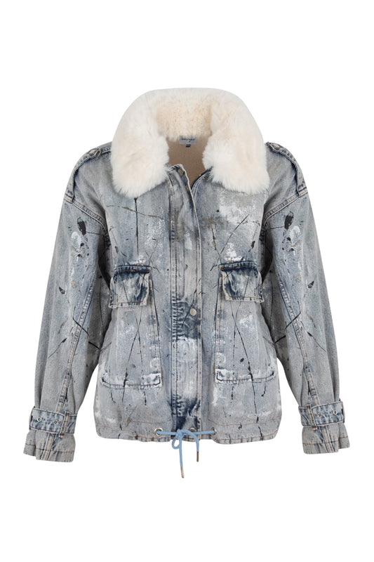 Makawee Furry Painted Denim Jacket - Blue