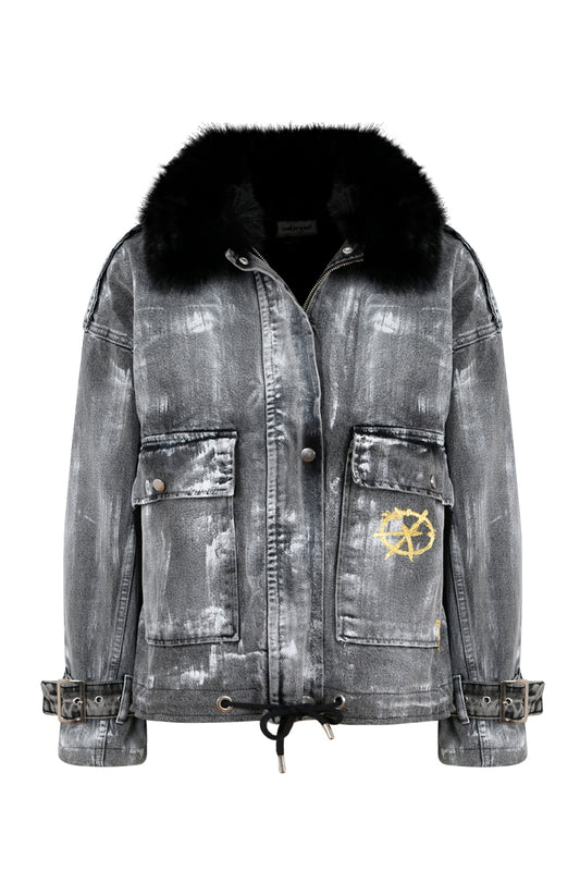 Peace Furry Painting Denim Jacket - Anthracite