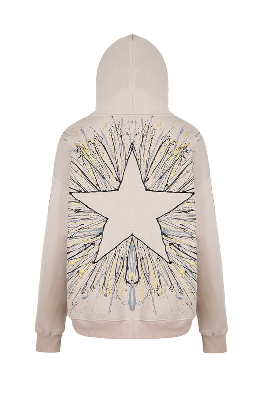 Shine Bright El Boyaması Hoodie - Krem