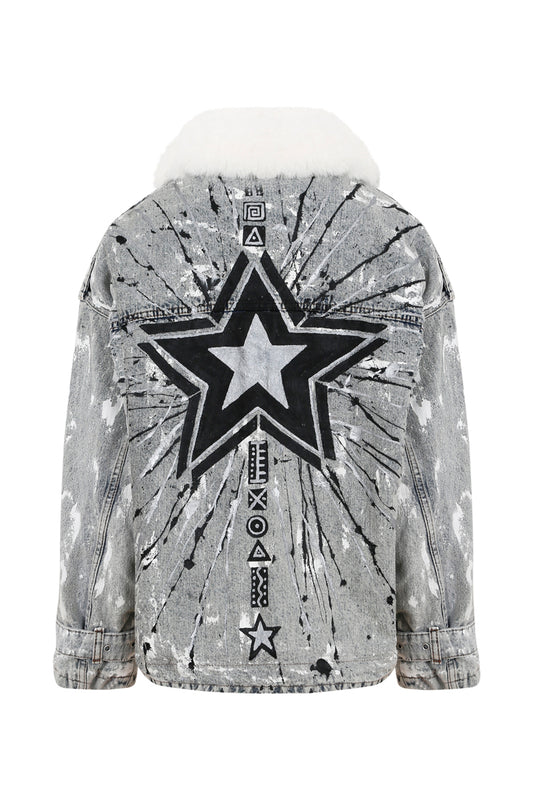 Sirius Furry Painted Denim Jacket - Blue
