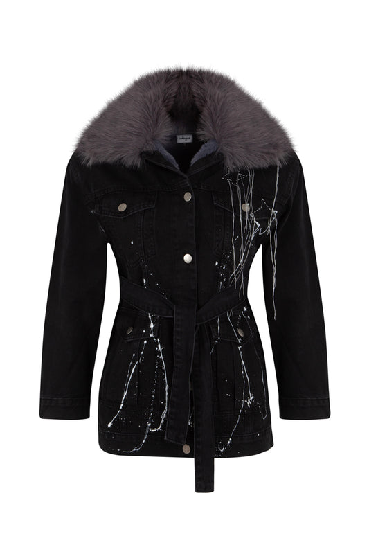 Sky is The Limit Fur-Trimmed Painted Denim Jacket - Black
