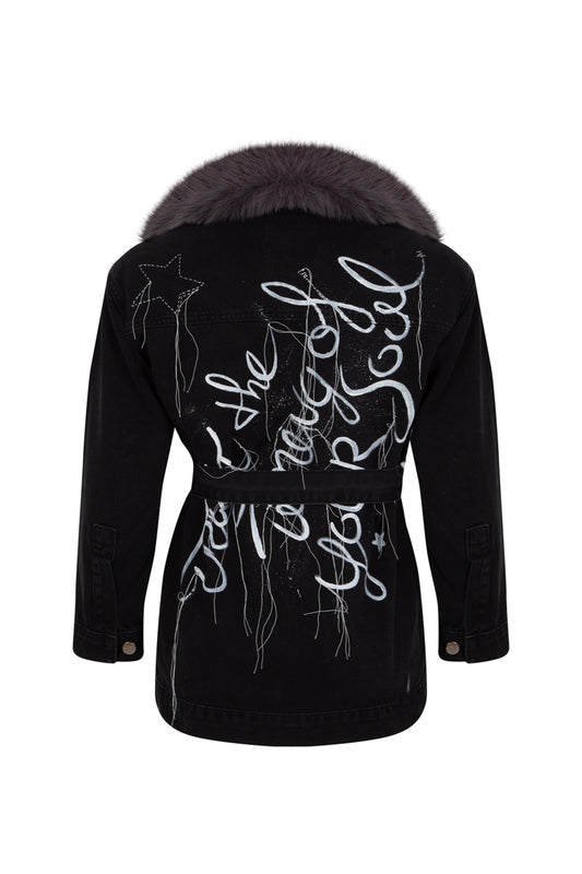 Sky is The Limit Fur-Trimmed Painted Denim Jacket - Black