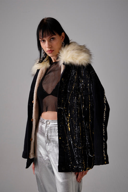 Stars Furry Painted Denim Jacket - Black