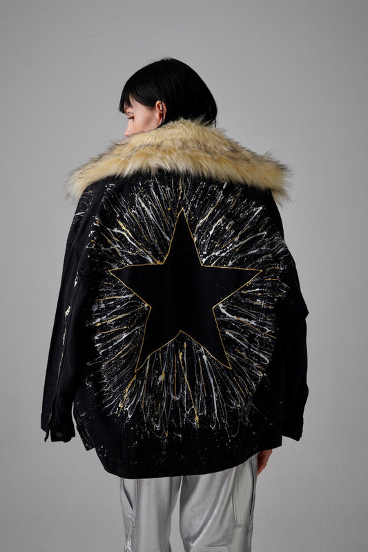 Stars Furry Painted Denim Jacket - Black