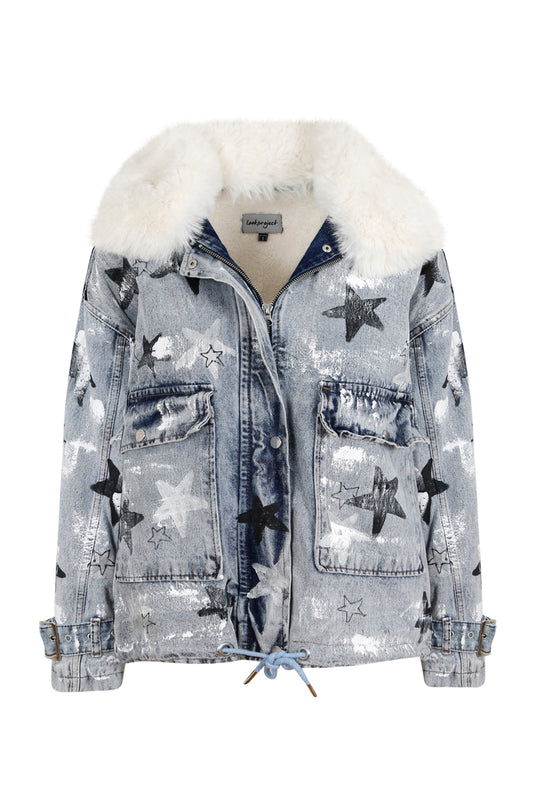 Stars Kürklü Boyama Denim Ceket - Antrasit